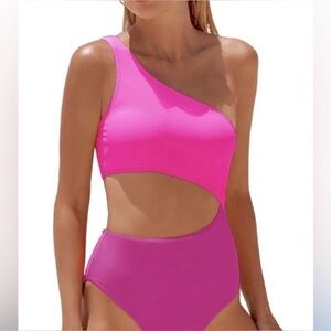 NWT Yonique monokini One-Shoulder Cutout Swimsuit Pink size small high waisted